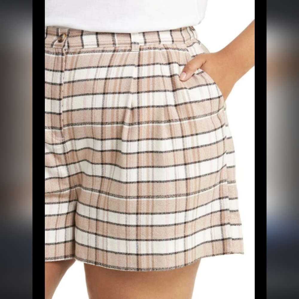 NWT Treasure & Bond Plaid Pleated High Rise Cotton Blend Tweed Shorts Si…
